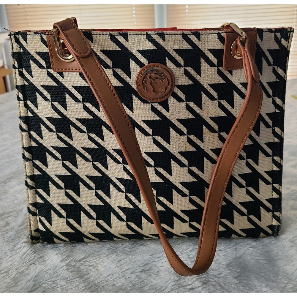 Spartina 449 Daufuskie Island Linen Houndstooth Tote Bag Blk Cream Leather Trim
